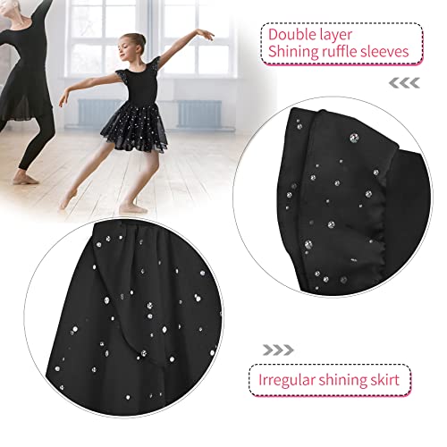 Image of MOLLDAN Girls Dance Leotards for Ballet Dress Shiny Skirt Ruffle Sleeve Crisscross Back