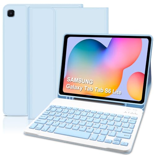 Samsung S6 Lite Tablet Case with Keyboard & Built-in S Pen Holder-Slim Smart S6 Lite Case with Bluetooth Keyboard for Samsung Galaxy Tab S6 Lite 10.4 2022/2020 (SM-P610/P613/P615/P619) (Sky Blue)