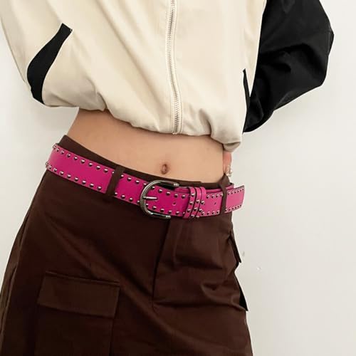 Punk Chain Belt Pu Double Row Rivet Belt Adjustable Waist Strap Men Women(white)3