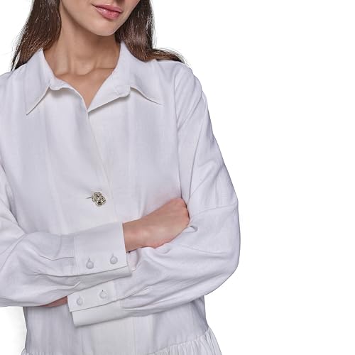 Image of Karl Lagerfeld Women's Gathered Flounce Linen Longer Sleeved Shirt Dress