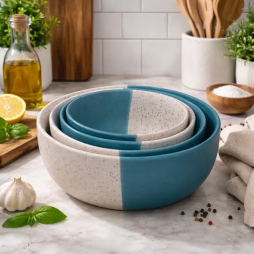 Image of Ceramic Mixing Bowl Set - 4 Pieces (1500ml, 800ml, 600ml, 400ml), White Dusty Blue - Durable, Microwave & Dishwasher Safe - Ideal for Mixing, Serving & Storage