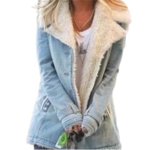 OSCORP Women’s Light Blue Denim Faux Fur Collar Parka Jacket – Long Sleeve Warm Winter Coat, Trendy Outerwear 2025