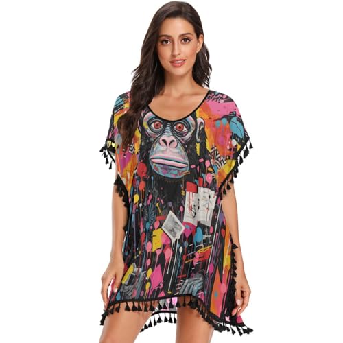 KAAVIYO Watercolor Chimpanzee Orangutan Women's Beach Cover Up Chiffon Tassel Swimwear Swimsuit Coverups for Girl