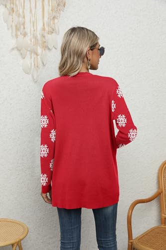 Yommay Strickjacke für Damen Elegante locker lässig leichtes Frauen Herbst Langarm Pullover mit Taschen,Weihnachtsschnee,XXL