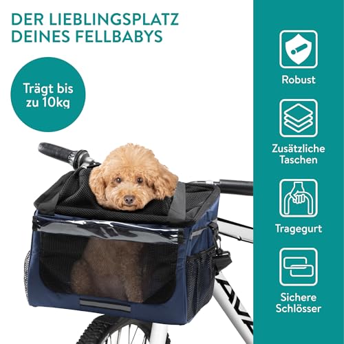 Navaris Hundekorb Fahrrad vorne - Hundefahrradkorb vorn - Fahrradkorb Hund - Für Hunde bis zu 10 kg - Praktische Zusatztaschen - Fahrradkorb Lenker mit Trageriemen - Blau