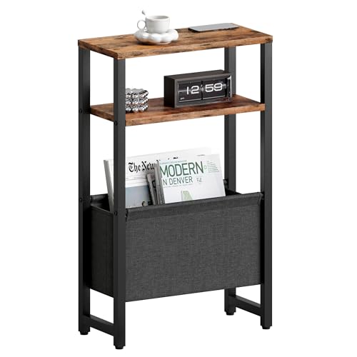 IRCPEN Mesa Auxiliar De 3 Niveles para Espacios Pequeños Mesa Lateral Delgada con Cesta de Tela de Almacenamiento Mesita De Noche Mesas Auxiliares para Sofás Marrón Rústico LET503R