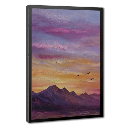 Toile coucher de soleil violet orange et montagne décoration de chambre 20x30 cm