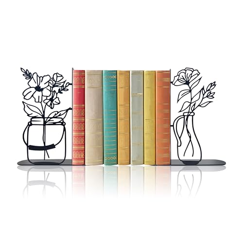 Metal Flower Book Ends, Cute Book Ends for Home Office Decor Decorative Book Ends for Shelves, Ideal Gift for Book Lovers(Black)