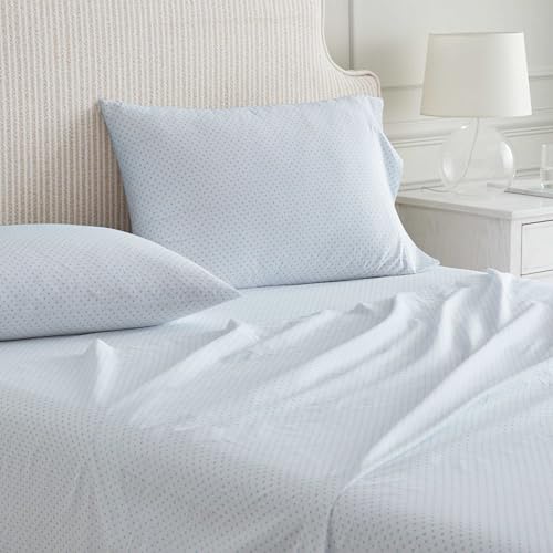 Image of Martha Stewart - Full Size Sheets Set, Crisp & Tailored Cooling Sheets with a Naturally Smooth Cotton Percale Lightweight Feel - Bed Sheets with Matching Pillowcases & Fitted Sheet (Polka Dot Blue)