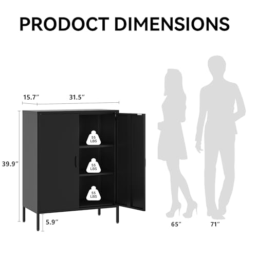 Image of COFaR Black Metal Storage Cabinet, 40 inch Industrial Kitchen Organizer & Buffet Sideboard, 3-Tier Steel Cabinet with Adjustable Shelves, Magnetic Doors for Coffee Bar, Office, Dining Room