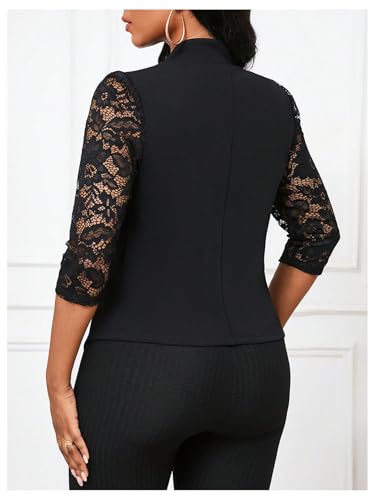 SHENHE Women's Floral Lace 3/4 Sleeve Open Front Work Office Notch Lapel Blazer Jacket2