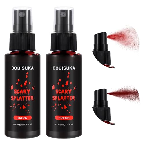 BOBISUKA Maquillaje de Halloween Spray de Sangre Falsa 2PCS(Rojo Vivo+Rojo Oscuro), Fake Blood Realista, Lavable, Segura, Adecuada para Carnaval, Cine, Bromas