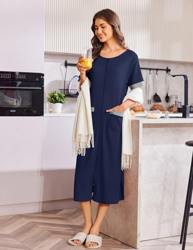 Ekouaer Zip Up Robes for Women Long Waffle Knit Bathrobe Lightweight house coat Soft Full Length Nightgown with Pockets S-3XL3