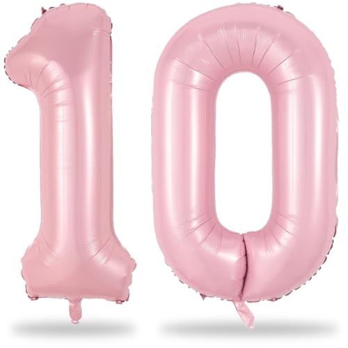 Pastel Pink 10 Balloons Number 40 Inch Foil Number 1 & 0 Balloons for 10 Year Old Birthday Decorations Large Self Inflating Mylar Light Pink Balloon for Girls 10th Birthday Party Anniversary Decor
