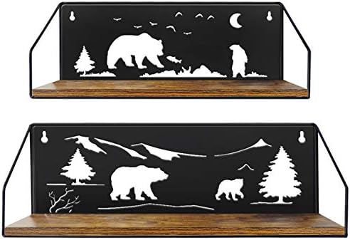 Giftgarden Floating Shelves for Wall with Unique Adorable Bears Cutouts, Rustic Wooden Iron Wall Shelf Decor for Bathroom Cabin Lodge Bedroom Kitchen Living Room Nursery, Black, Set of 2