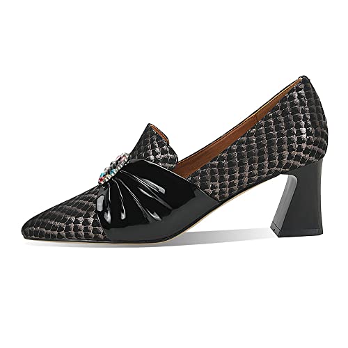 TinaCus Women's Pointed Toe Genuine Leather Handmade Mid Chunky Heels Graceful Pumps Shoes2