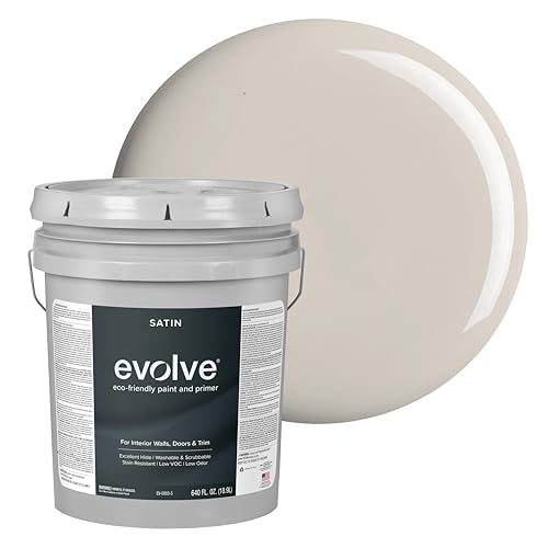 EVOLVE Interior Paint & Primer, Satin (Warm Gray), 5 Gallon – Available in 50+ Colors, One-Coat Coverage, Excellent Hide, Low VOC, Low Odor, Washable Interior Paint