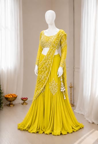 Image of Lehenga choli Womens And Girls Soft Crep Silk Saree With Full-Stitched Blouse With Embroidery Work Wedding navratri party letest
