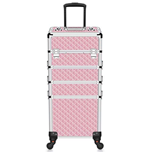 Makeup Case - 4 in 1 Professional Cosmetics Rolling Train Storage Organizer with Folding Trays and Aluminum Frame Crystal Pink Diamond