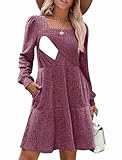 CzzzyL Damen-Stillkleid, Herbstkleid, quadratischer Ausschnitt, langärmelig, Winter-Babydoll-Kleid mit Taschen, Violett, Groß