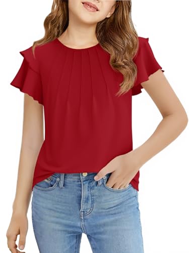Image of Haloumoning Girls Pleated Ruffle Short Sleeve Shirts Kids Summer Crewneck T-Shirts Fashion Tops Tees 5-14 Years