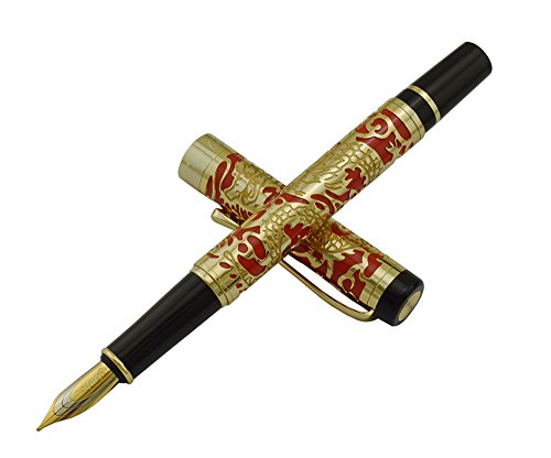 Jinhao 5000 Fountain Pen, Red With Golden Century Dragon Embossed Calligraphy Pens, Medium Nib, Business Gift Pen, Vintage Pens, Collection Signature Pen With Ink Converter #TOP17