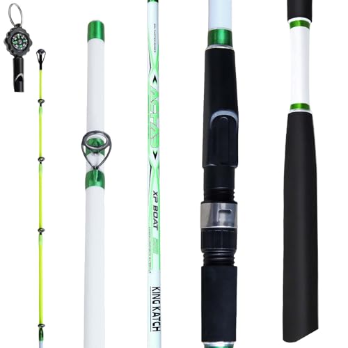 KingKatch 70 White & Green Spinning Fishing Rod Carbon Graphite Boat & Inshore Rod Solid Yellow Tip for Sensitive Action Durable Medium-Heavy Spinning & Casting Pole Catfish Lake & River Fishing