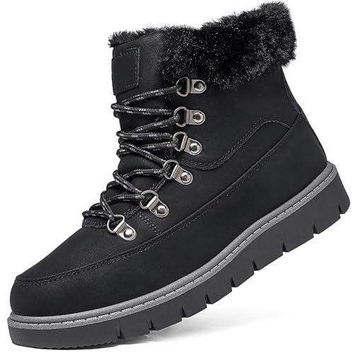 XRH Women’s Winter Warm Boots Black Snow Combat Boots With Zipper,Comfortable Fur Lined Women Ankle Boots Non Slip Hiking Boots For Women