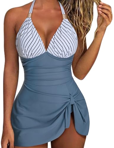 SUUKSESS Womens One Piece Swimdresses Skirt Tummy Control Swimsuits V Neck Gold Metal Tie Knot Bathing Suit 2025(Gray Blue Striped,M)