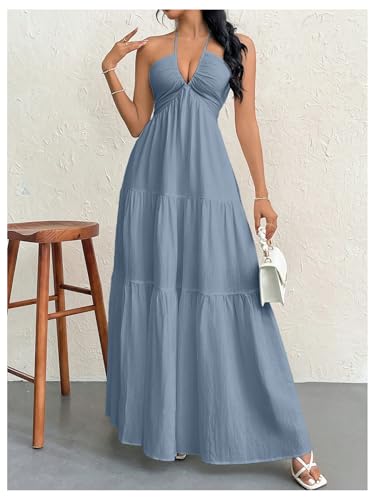Image of SHENHE Women's Deep V Neck Tie Knot Backless Halter Dress A Line Flowy Ruffle Maxi Dress