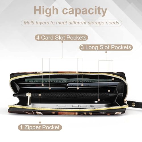 Long PU Zipper Wallet With Rope, Travel Purse Fashion Design, Huge Storage Capacity Wallet, Cute Decor Purse For Men And Women Autumn Leaves Fall Foxes Deer4