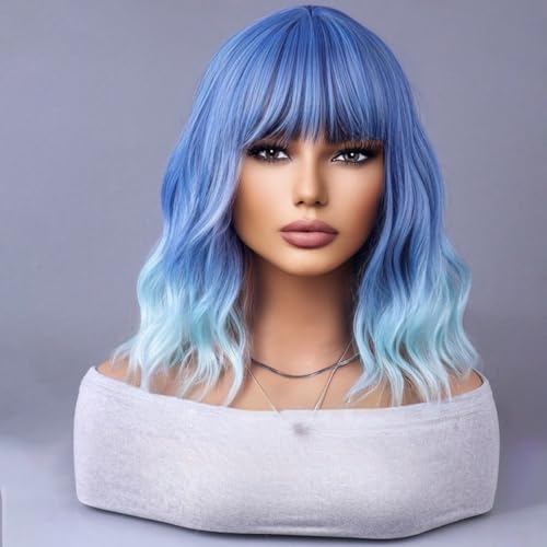 WTHCOS Blue Ombre Short Bob Wig Blue to Light Blue Wig