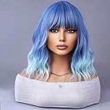 WTHCOS Blue Ombre Short Bob Wig Blue to Light Blue Wig Short Curly Wavy Wig With Bangs for Women Ombre Blue Wig Heat Resistant Synthetic Hair Wigs for Daily Use Cosplay Wig With Wig Cap