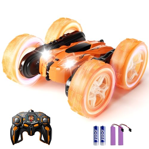 28°C 28℃ Remote Control Car, RC Cars Stunt Car Toy, 4WD 2.4Ghz Double Sided 360° Rotating RC Stunt Car with Headlights Wheel Lights, RC Cars Toys Gift for Kids Boys Girls on Birthday Christmas Orange