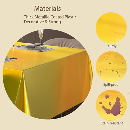 Image of 4 Pack Plastic Tablecloths Disposable Tablet Cover Gold 54 x 108 in | Foil Glitter Table Cloth for Rectangle Tables Indoor / Outdoor Party Decorations Birthday Princess Bridal Wedding Christmas