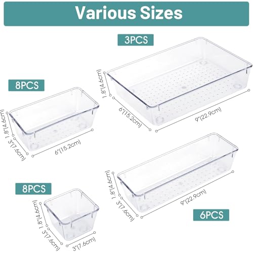 wowbox 25 pcs clear plastic drawer organizer set 4 sizes desk drawer divider organizers and storage bins for makeup jewelry gadgets for kitchen bedroom bathroom office