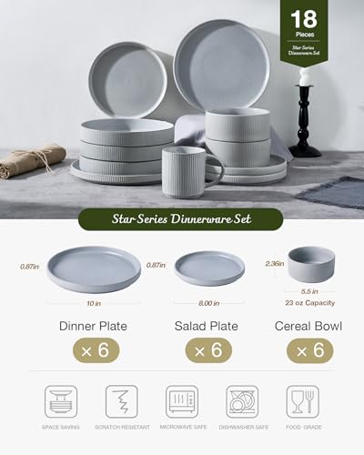 Image of Famiware Star 18-Piece Reactive Glaze Plates and Bowls Sets, Service for 6 - Stoneware Dinnerware with Trim, Modern Rustic Dishes, Chip & Scratch Resistant, Microwave & Dishwasher Safe, Matte Gray