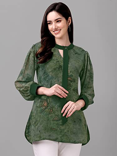 Image of Gufrina Women's Georgette Apple Cut Short Kurti with Long Puff Sleeves Western Style Keyhole Neck Solid Pattern Regular Fit and Mid Thigh Length