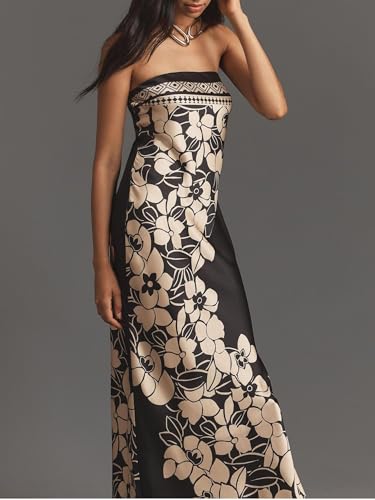 Image of Women Y2k Strapless Maxi Dress Floral Print Tube Long Dress Boho Beach Sundress Going Out Streetwear
