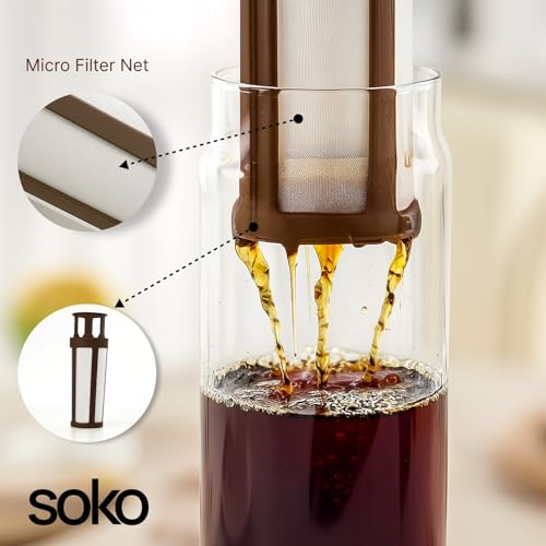 Image of Soko Cold Brew, Iced Coffee & Hot Tea Maker | Borosilicate Glass Bottle with Removable Mesh Filter | Airtight Seal Pot | Dishwasher Safe Kettle for Beverages Infuser - Kitchen, Office, Cafe - Brown