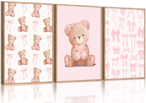Image of 3Pcs Pink Teddy Bear Wall Art Coquette Bow Wall Decor Pictures Cute Animal Nursery Canvas Posters Prints for Baby Girls Room Bedroom Home Decorations Unframed