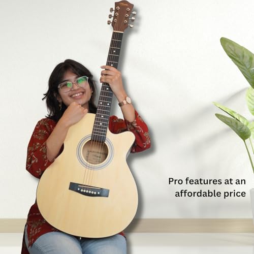 Image of Henrix 40C 40 Inches Basswood Cutaway Acoustic Guitar with Dual Action Truss Rod, Gigbag, Picks, String Set, Strap, Cloth & Ebook- Natural