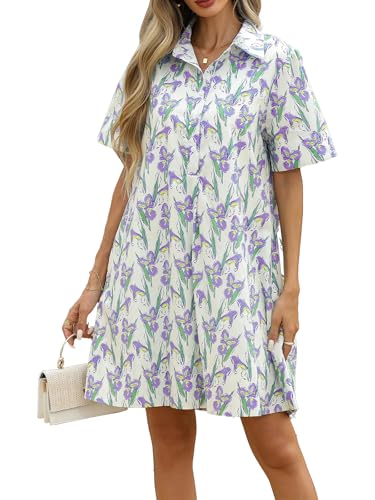 Image of LifeShe Summer Floral Dress Women's Printed Casual Sundress Short Sleeve Button Up Shirt Dresses with Pockets