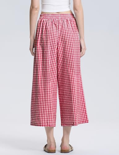 Image of LOMON Womens Wide Leg Capri Pants Gingham Plaid Culottes Summer Elastic Waist Palazzo Trousers Bottoms with Pockets
