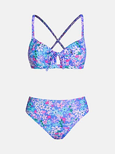 CUPSHE Women's Bikini Set Two Piece Bathing Suits Scoop Neck Crisscross Back Self Tie Mid Waisted Bottom Floral Cut Out4