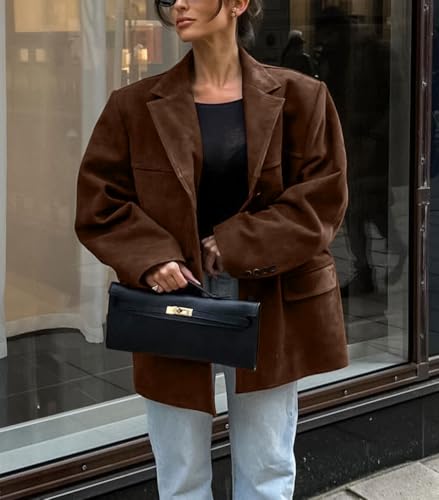 chouyatou Women's Faux Suede Blazer Jacket Notched Lapel Single Breasted Faux Suede Leather Suit Jacket4