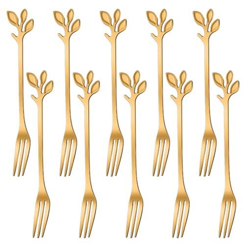 AnSaw 10-Piece Gold Mini Leaf Dessert Forks Set...