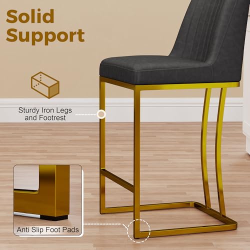 Image of LSSBOUGHT Counter Height Bar Stools Set of 2, Gray Counter Stools with Back and Gold Metal Frame,Modern Barstools with Footrest, Upholstered Pu Bar Chairs for Kitchen Island(2pcs,Dark Gray)