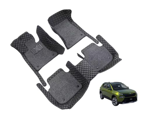 Image of Auto Hub 7D Car Floor Mats Compatible with Skoda Kylaq, Leatherette, 100% Waterproof & Washable, Kylaq Car 7D Floor Mat, Black