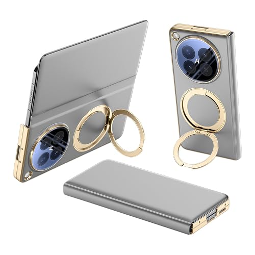 Case for Oppo Find N6, Lightweight Leather Shockproof Protective Phone Cover with 360° Rotatable Ring Holder, Built-in Camera Lens Protector, Wireless Charging Compatible (Gray)